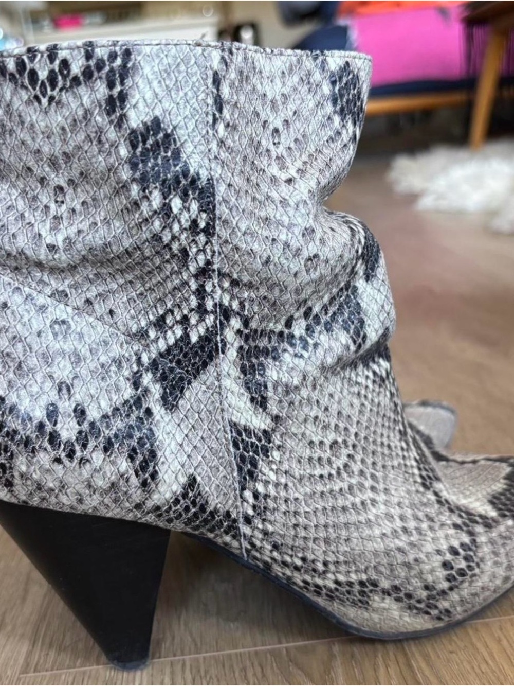 Treasure & Bond Snake-Print Pointed Ankle Boots in Beige and Black